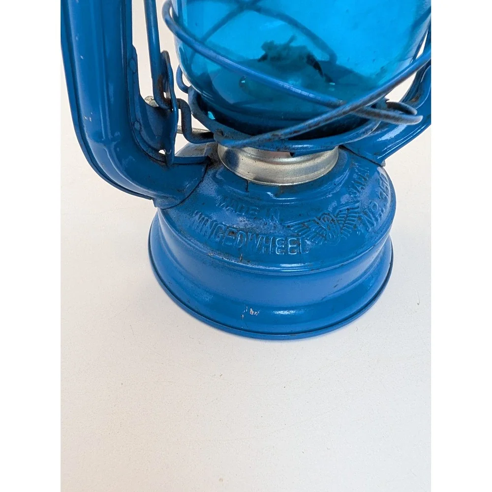 Winged Wheel No. 350 Blue Kerosene Lantern Blue Globe Made Japan Vintage 7.5